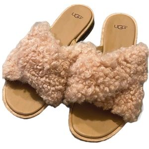 Ugg Joni sherpa cross slide sandal 9.5, suntan colorway
